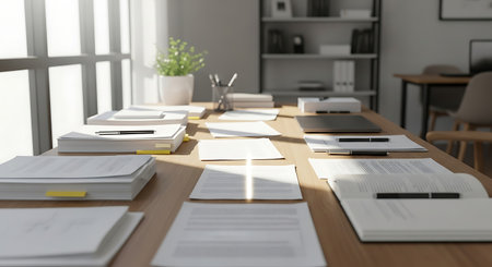 Close up view of wooden table with papers and folders in modern officeの素材