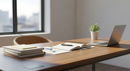 Close up of a wooden office desktop with laptop and notepads. 3d rendering mock upの素材