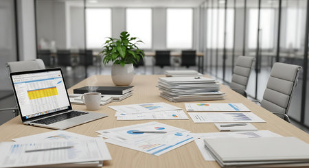 Laptop with financial report on the table. 3d rendering.の素材