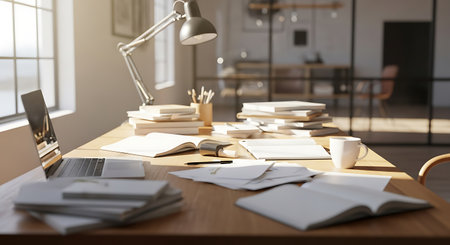 Office desk with laptop, books and coffee cup. 3d renderingの素材