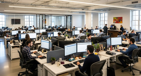 Group of business people using computers in a modern open plan office.の素材