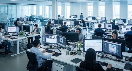 Business people wearing headset working in office to support remote customer or colleague. Call center, telemarketing, customer support agent provide service on telephone video conference call.の素材