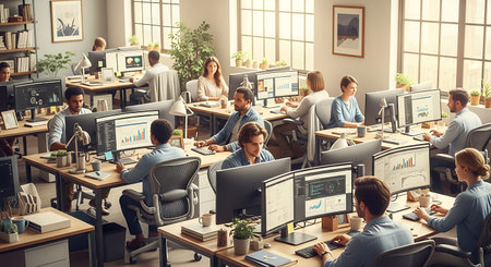 Business people working in modern office. Colleagues sitting at desks and using computers. Teamwork conceptの素材