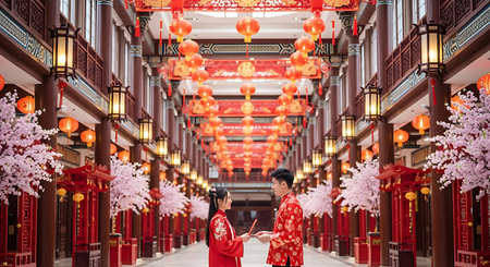 Chinese couple in traditional cheongsam with red envelopes in the corridorの素材