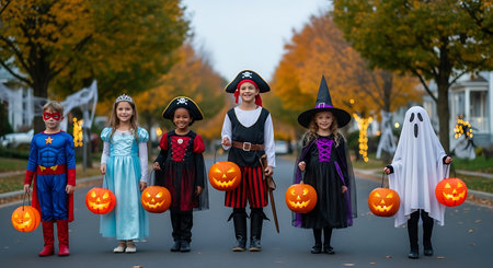 Group of children in costumes for Halloween trick or treating on the streetの素材