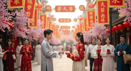 Happy Chinese New Year. Group of people with red envelopes, lanterns in the city.の素材
