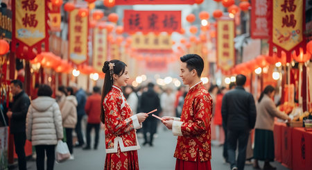 Asian couple in chinese traditional costume holding red envelopes in the streetの素材