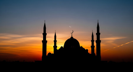 Silhouette of mosque at sunset background. Ramadan Kareem.の素材