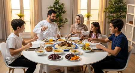 happy asian family having dinner together at home during ramadan feastの素材