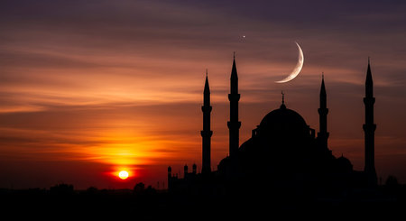 Silhouette of mosque and crescent moon at sunset in Istanbul, Turkeyの素材