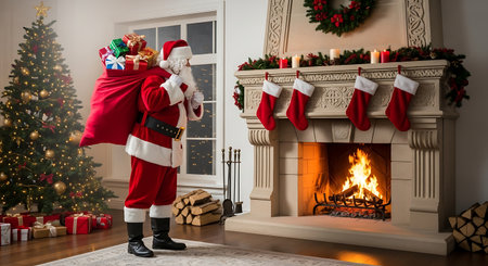 Full length portrait of Santa Claus holding presents and standing in front of fireplace at homeの素材