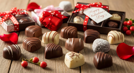 Chocolate candies on a wooden table, valentine's day backgroundの素材