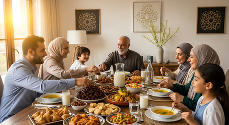 Happy Muslim family having family dinner together at home. Traditional islamic food.の素材