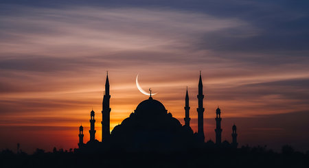 Silhouette of mosque and crescent moon at sunset. Ramadan Kareem backgroundの素材