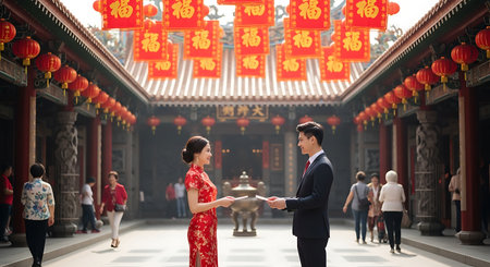 Chinese couple in chinese traditional dress holding red envelopes in templeの素材