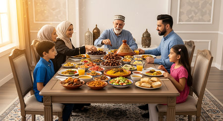 Happy Muslim family having a dinner together at home. Traditional Middle Eastern meal.の素材