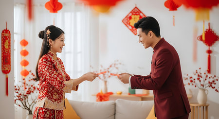 Chinese couple celebrating chinese new year with red envelopes in living roomの素材