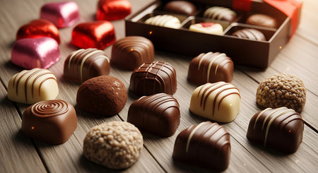 Box with delicious chocolate candies on wooden table, closeup viewの素材