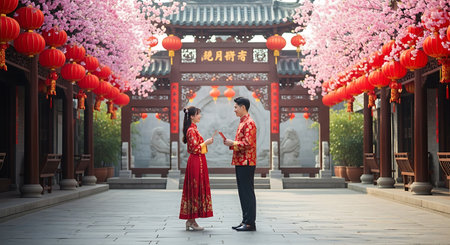 Couple in chinese traditional clothes walking in the street with cherry blossomの素材