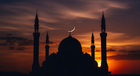 Silhouette of mosque at sunset, Ramadan Kareem background.の素材