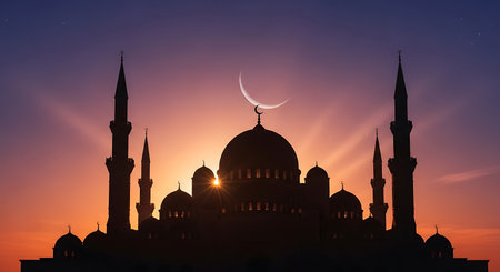 Silhouette of mosque and crescent moon at sunset. Ramadan Kareem backgroundの素材