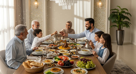 Happy family having dinner together at home. Multiethnic family spending time together.の素材