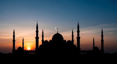 Silhouette of mosque at sunset. Ramadan Kareem background.の素材