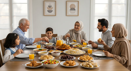 Happy Muslim family having dinner together at home, sitting at dining tableの素材