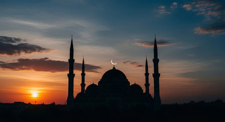 Silhouette of mosque at sunset. Ramadan Kareem background.の素材