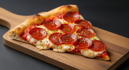 Pizza with salami on a wooden board on a black backgroundの素材