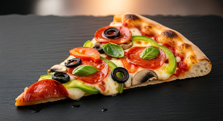 Pizza with mozzarella cheese, olives and tomatoes on black backgroundの素材
