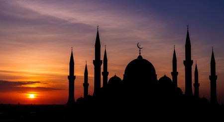 Silhouette of mosque at sunset, Istanbul city, Turkey.の素材