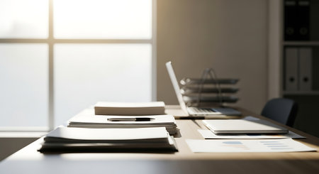 Close up of a modern office desk with laptop and documents. 3D Renderingの素材
