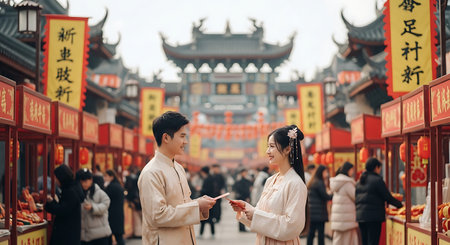 Couple walking in chinese temple. Asian man and woman holding mobile phone.の素材