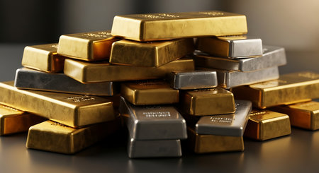 Pile of gold bullion bars on black background, closeupの素材