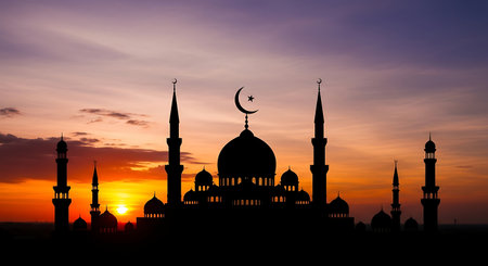 Silhouette of mosque at sunset background. Ramadan Kareem backgroundの素材