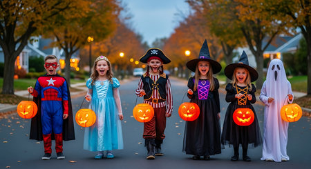 Group of children in halloween costumes with pumpkin lanterns on Halloweenの素材