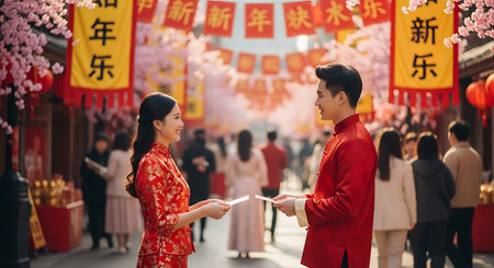 Happy Chinese new year. Couple of young man and woman in traditional cheongsam and holding red envelopes during lunar new year festival.の素材
