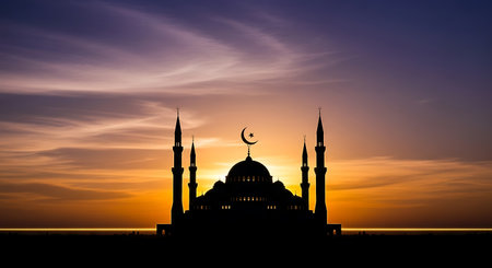 Silhouette of mosque at sunset background. Ramadan Kareem backgroundの素材