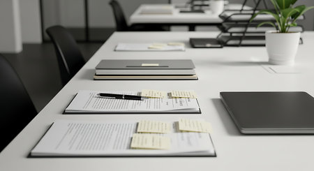 Close-up view of modern workplace with laptop and documents on table. 3D renderingの素材