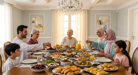 Muslim family at dining table during Eid al-Fitr celebration in homeの素材