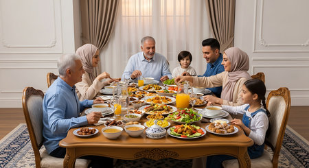 Muslim family having dinner together at home during Eid al-Fitrの素材