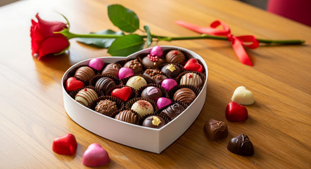 Box of assorted chocolates on a wooden table with red rosesの素材