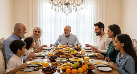 Happy Muslim family having a meal together at home. Traditional family dinner.の素材