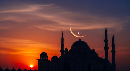 Silhouette of mosque and crescent moon on sunset sky backgroundの素材