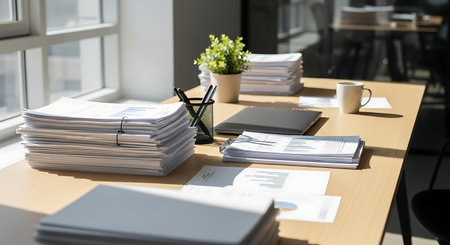 Stacks of documents on office desk. Stack of business papers.の素材