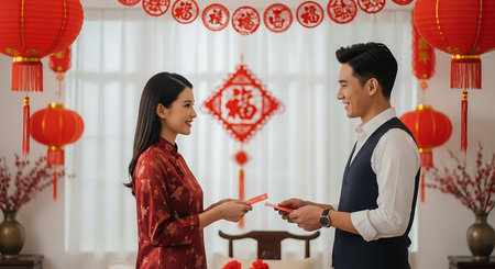 asian couple holding red envelopes for chinese new year.の素材