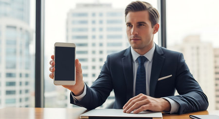 Businessman showing smartphone with blank screen. Man in suit and tie sitting at table in office and holding mobile phone.の素材
