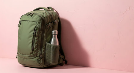 Green backpack with bottle of water on a pink background. Side view.の素材