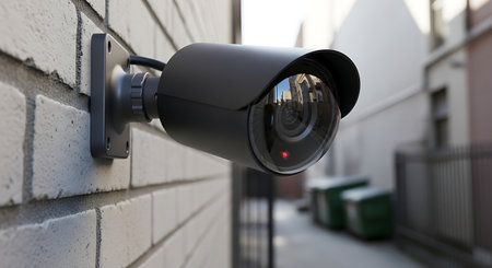 CCTV security camera on a brick wall. 3d rendering.の素材